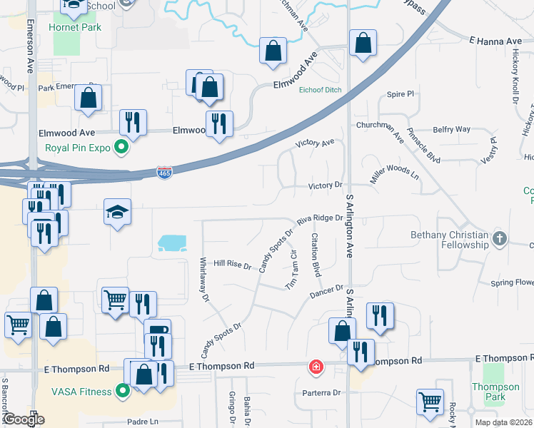 map of restaurants, bars, coffee shops, grocery stores, and more near 5706 Riva Ridge Drive in Indianapolis