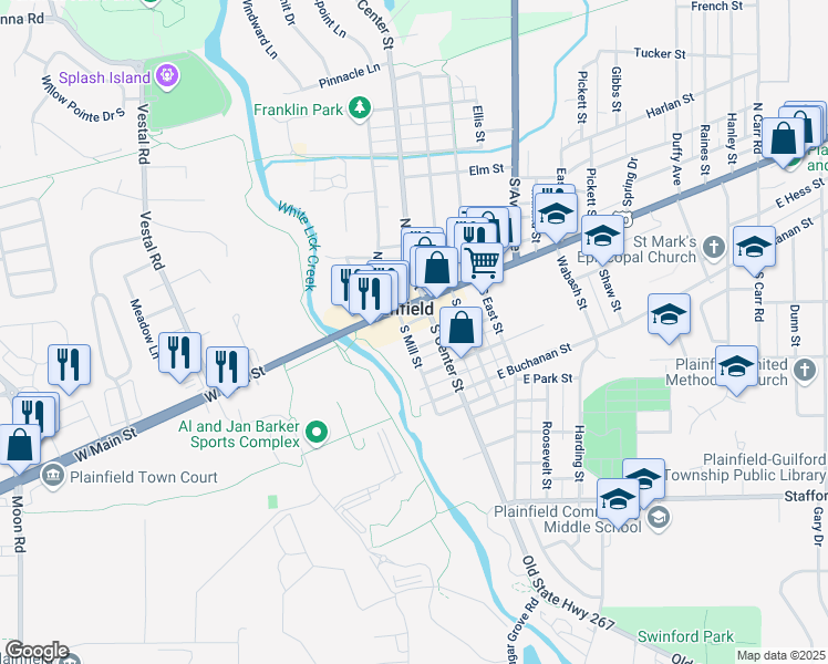 map of restaurants, bars, coffee shops, grocery stores, and more near 120 South Center Street in Plainfield