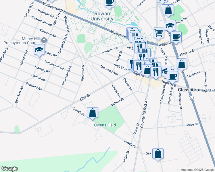 map of restaurants, bars, coffee shops, grocery stores, and more near 310 Ellis Street in Glassboro