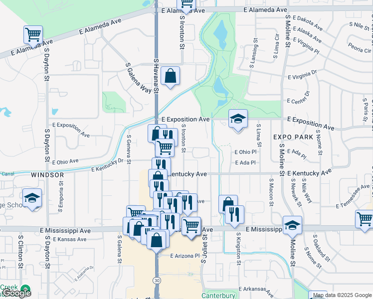 map of restaurants, bars, coffee shops, grocery stores, and more near 800 South Ironton Street in Aurora