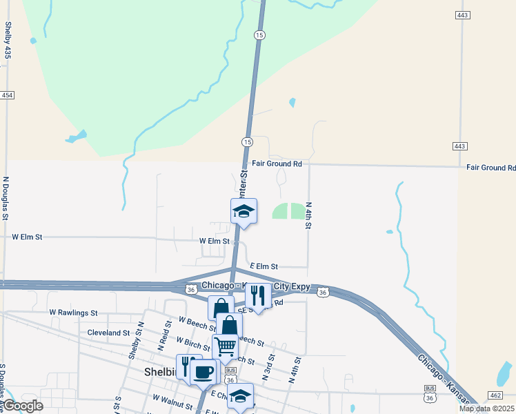 map of restaurants, bars, coffee shops, grocery stores, and more near 605 North Center Street in Shelbina