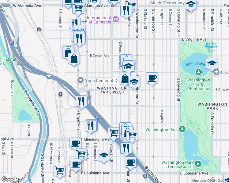 map of restaurants, bars, coffee shops, grocery stores, and more near 795 South Pennsylvania Street in Denver