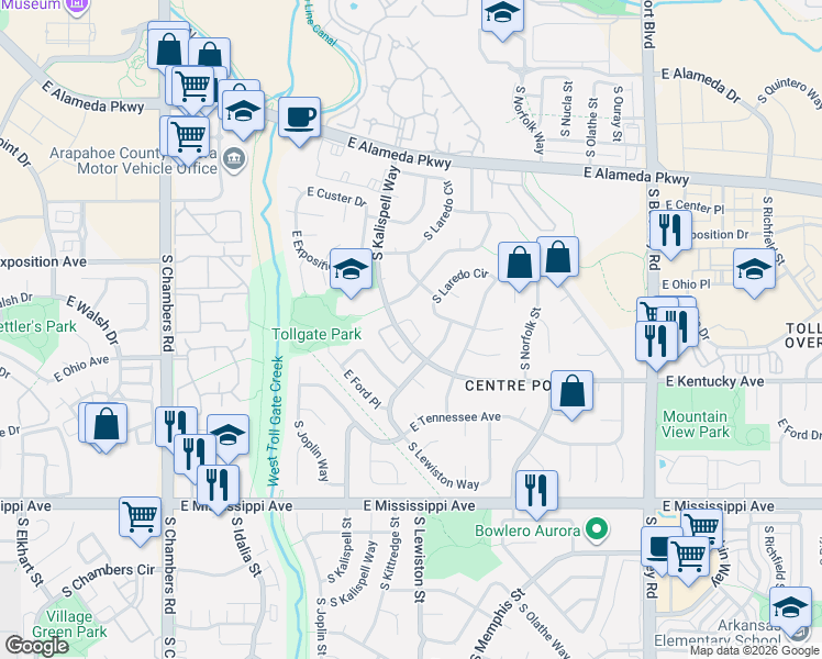 map of restaurants, bars, coffee shops, grocery stores, and more near 855 South Kalispell Circle in Aurora