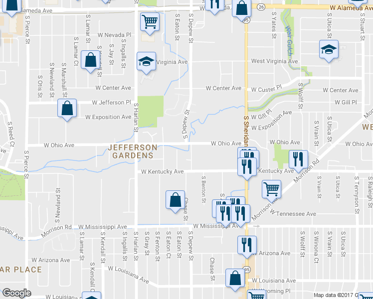 map of restaurants, bars, coffee shops, grocery stores, and more near 5540 West Ohio Avenue in Lakewood