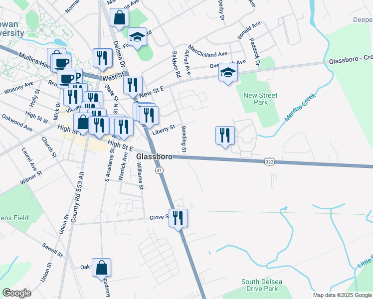 map of restaurants, bars, coffee shops, grocery stores, and more near 6 Reading Street in Glassboro