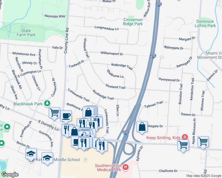 map of restaurants, bars, coffee shops, grocery stores, and more near 2824 Vineland Trail in Beavercreek
