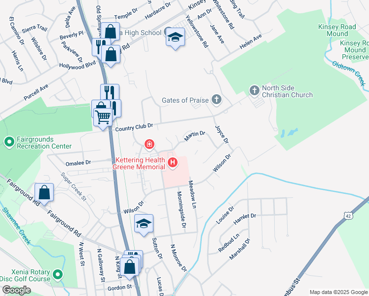 map of restaurants, bars, coffee shops, grocery stores, and more near 164 Office Park Drive in Xenia