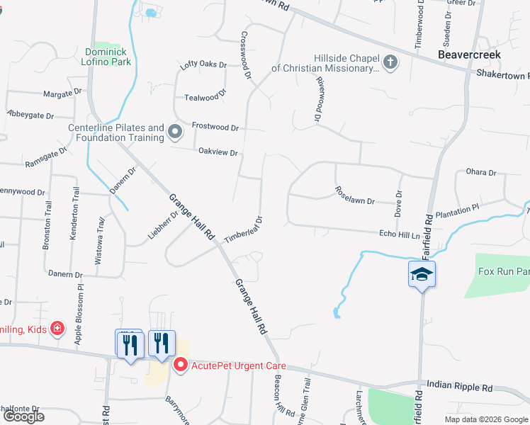 map of restaurants, bars, coffee shops, grocery stores, and more near 3769 Echo Hill Lane in Beavercreek