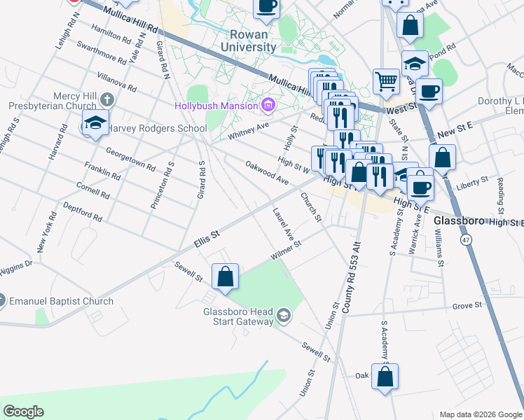 map of restaurants, bars, coffee shops, grocery stores, and more near 311 Ellis Street in Glassboro