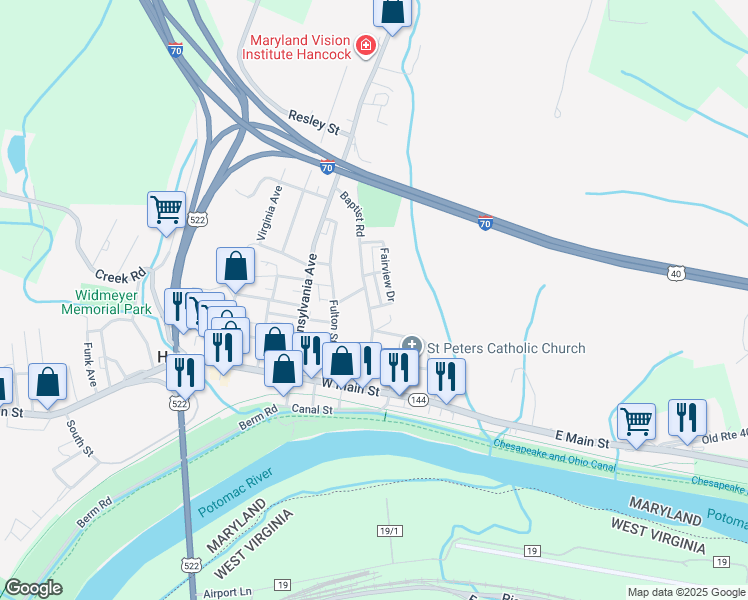 map of restaurants, bars, coffee shops, grocery stores, and more near 6 Grand Street in Hancock