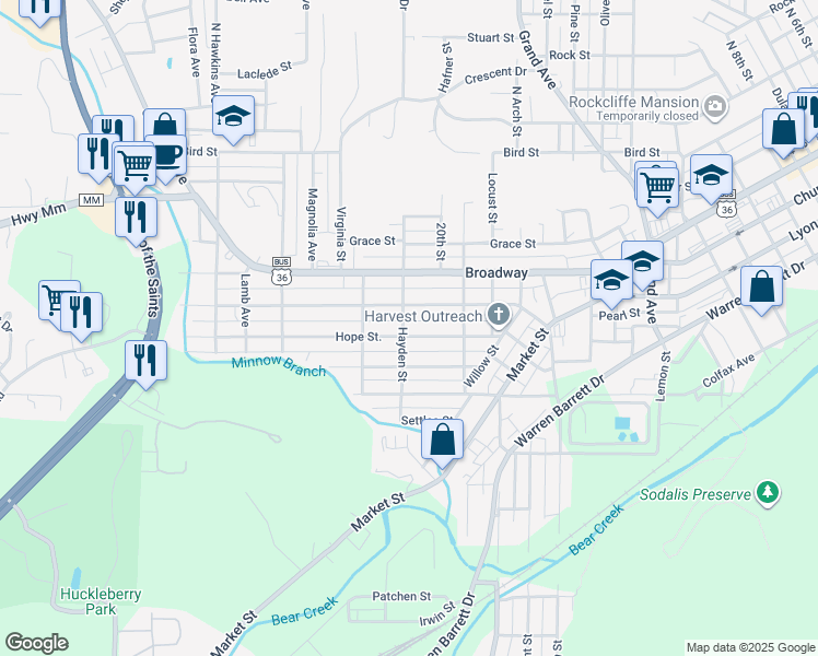 map of restaurants, bars, coffee shops, grocery stores, and more near 2122 Hope Street in Hannibal