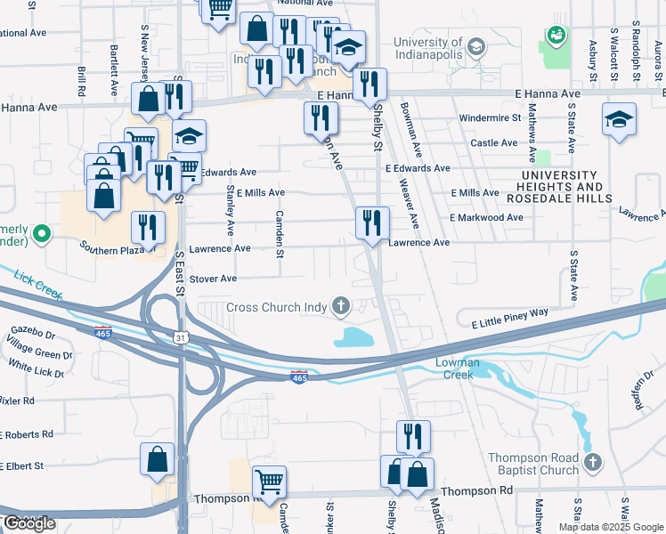 map of restaurants, bars, coffee shops, grocery stores, and more near 4350 South Madison Avenue in Indianapolis