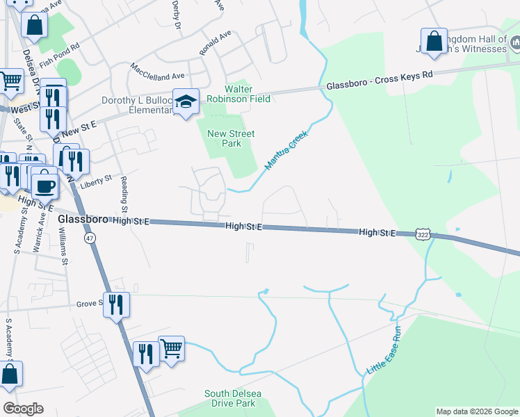 map of restaurants, bars, coffee shops, grocery stores, and more near 401-511 U.S. 322 in Glassboro