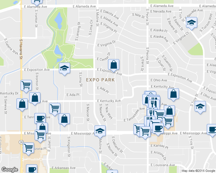 map of restaurants, bars, coffee shops, grocery stores, and more near 11630 East Walsh Place in Aurora