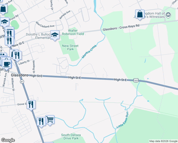 map of restaurants, bars, coffee shops, grocery stores, and more near 285 High Street East in Clayton