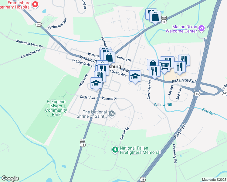 map of restaurants, bars, coffee shops, grocery stores, and more near Memorial Drive in Emmitsburg