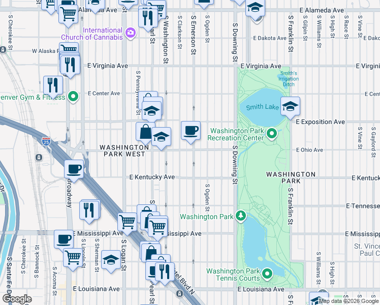 map of restaurants, bars, coffee shops, grocery stores, and more near 801 South Emerson Street in Denver
