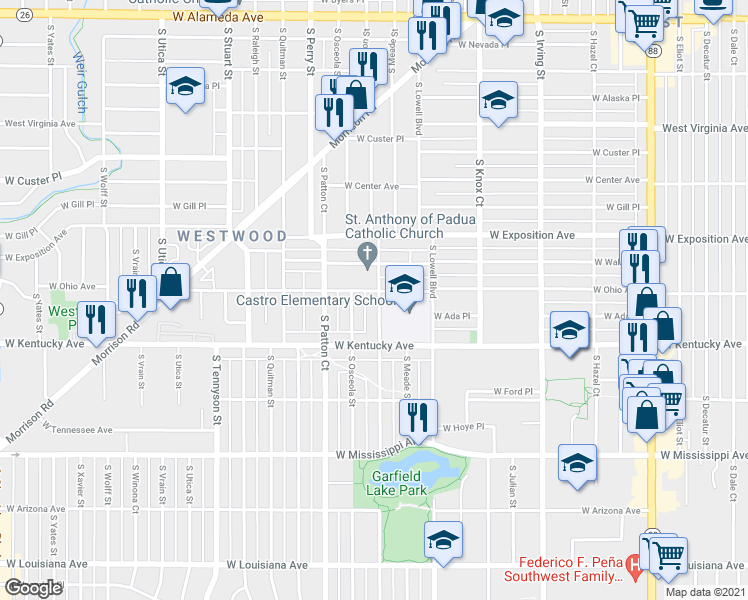 map of restaurants, bars, coffee shops, grocery stores, and more near 811 South Newton Street in Denver