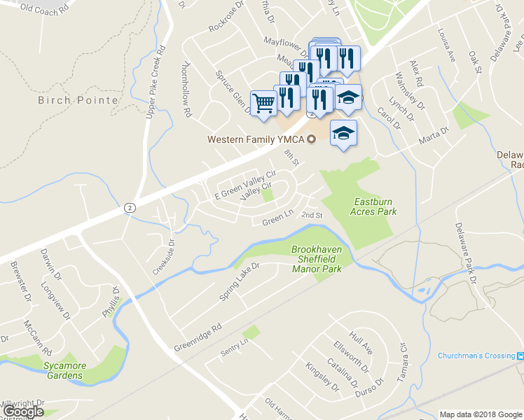 map of restaurants, bars, coffee shops, grocery stores, and more near 127 East Green Valley Circle in Newark