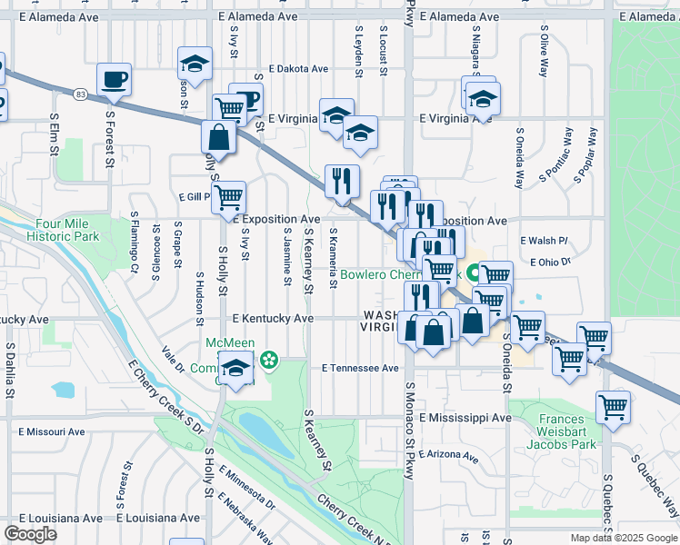 map of restaurants, bars, coffee shops, grocery stores, and more near 800 South Krameria Street in Denver