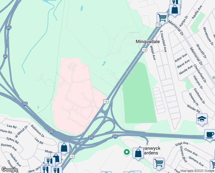 map of restaurants, bars, coffee shops, grocery stores, and more near 8 Lovelace Avenue in New Castle