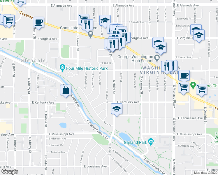 map of restaurants, bars, coffee shops, grocery stores, and more near 800 South Hudson Street in Denver
