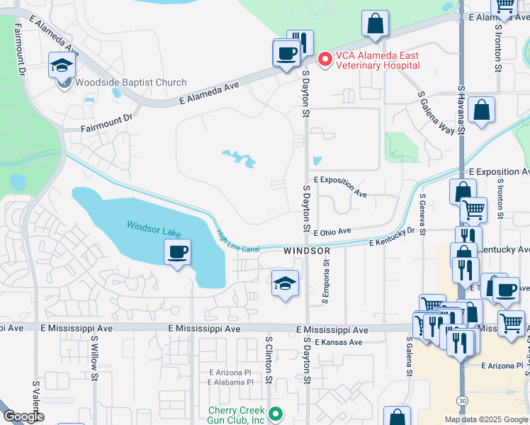map of restaurants, bars, coffee shops, grocery stores, and more near 740 South Alton Way in Denver