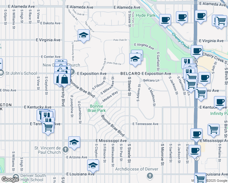 map of restaurants, bars, coffee shops, grocery stores, and more near 801 Medea Way in Denver