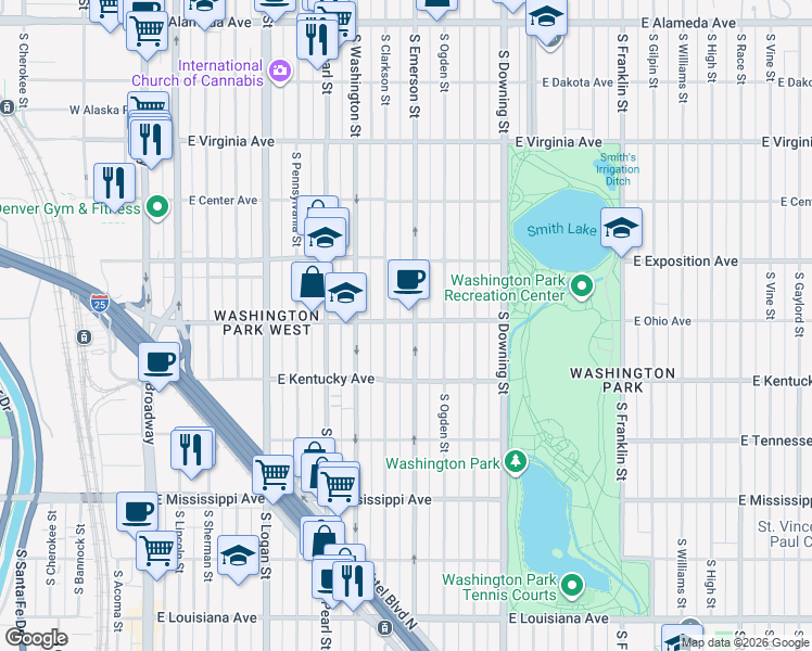 map of restaurants, bars, coffee shops, grocery stores, and more near 801 South Emerson Street in Denver