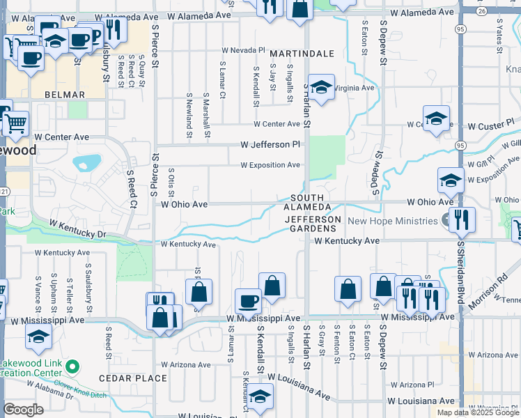 map of restaurants, bars, coffee shops, grocery stores, and more near 6290 West Ohio Avenue in Lakewood
