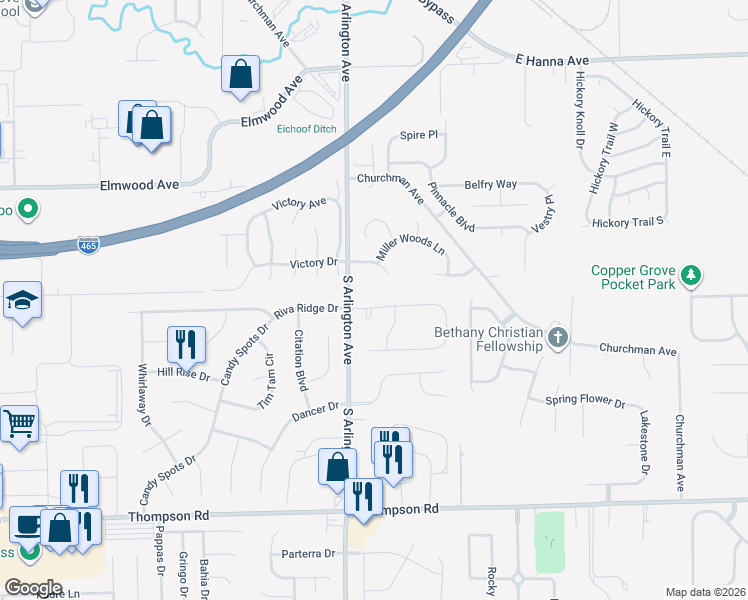 map of restaurants, bars, coffee shops, grocery stores, and more near 6036 Riva Ridge Drive in Indianapolis