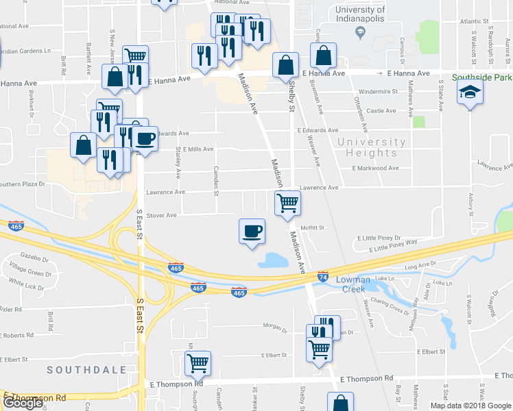 map of restaurants, bars, coffee shops, grocery stores, and more near 4350 Madison Avenue in Indianapolis