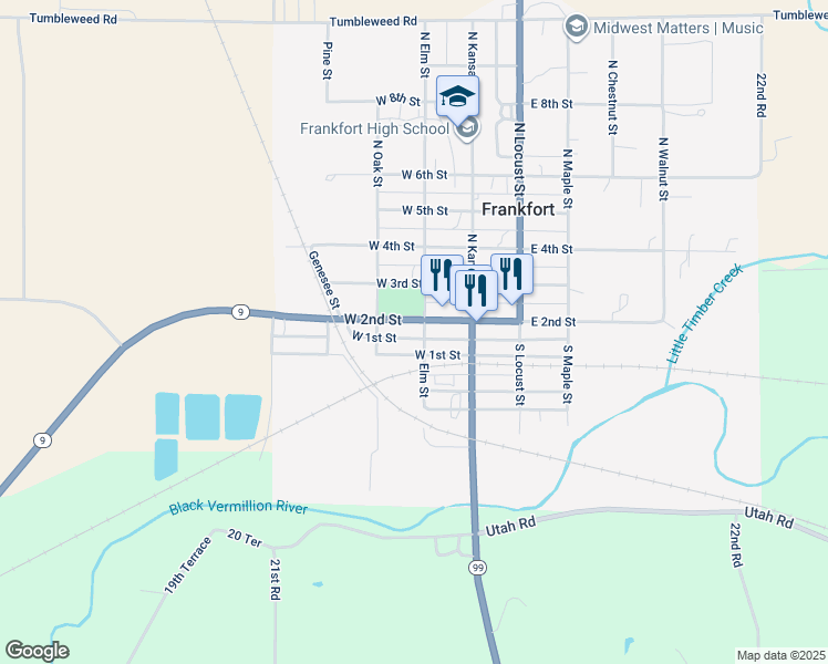 map of restaurants, bars, coffee shops, grocery stores, and more near 211 West 2nd Street in Frankfort