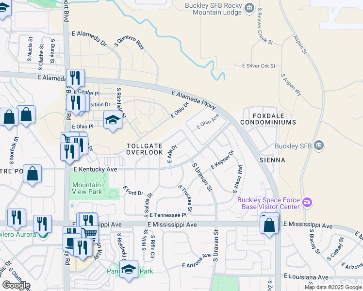 map of restaurants, bars, coffee shops, grocery stores, and more near 17866 East Ada Drive in Aurora