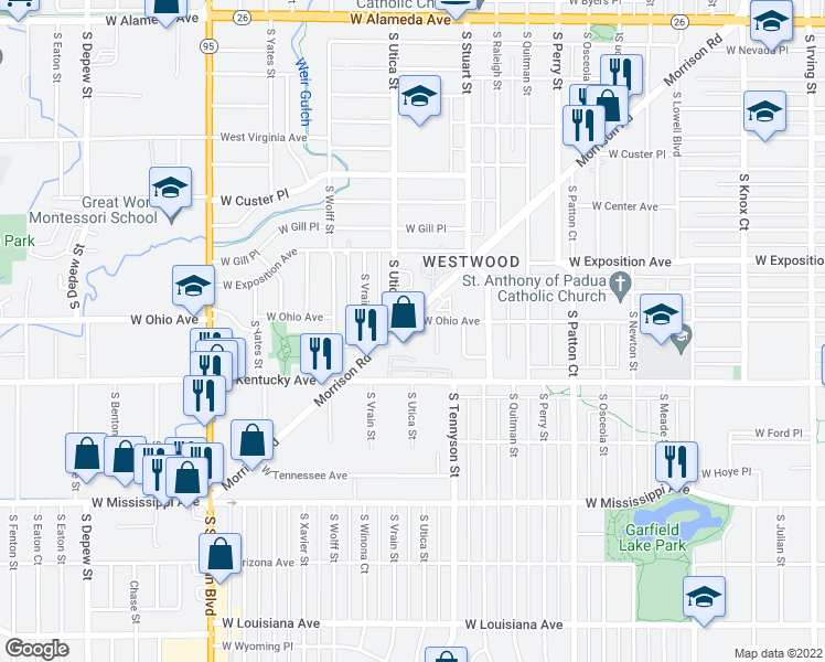map of restaurants, bars, coffee shops, grocery stores, and more near 4410 Morrison Road in Denver