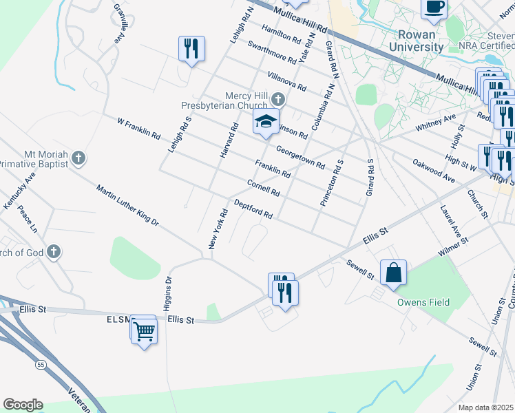 map of restaurants, bars, coffee shops, grocery stores, and more near 215 Deptford Road in Glassboro