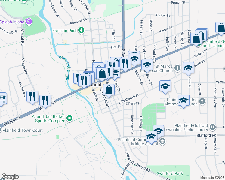 map of restaurants, bars, coffee shops, grocery stores, and more near 203 South Vine Street in Plainfield