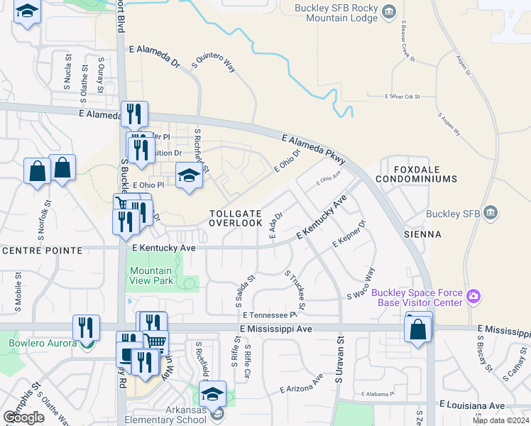 map of restaurants, bars, coffee shops, grocery stores, and more near 17614 East Ohio Circle in Aurora