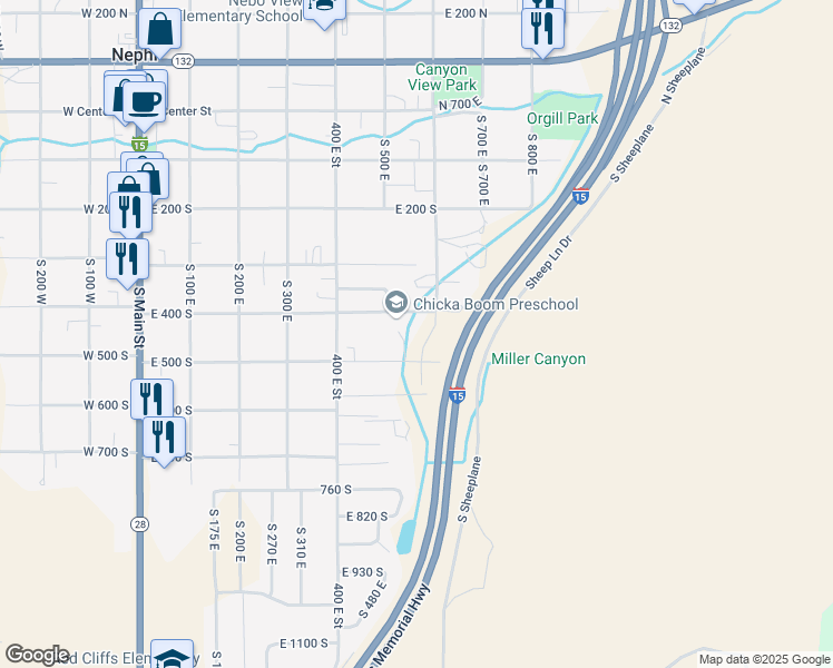 map of restaurants, bars, coffee shops, grocery stores, and more near 448 South 600 East in Nephi