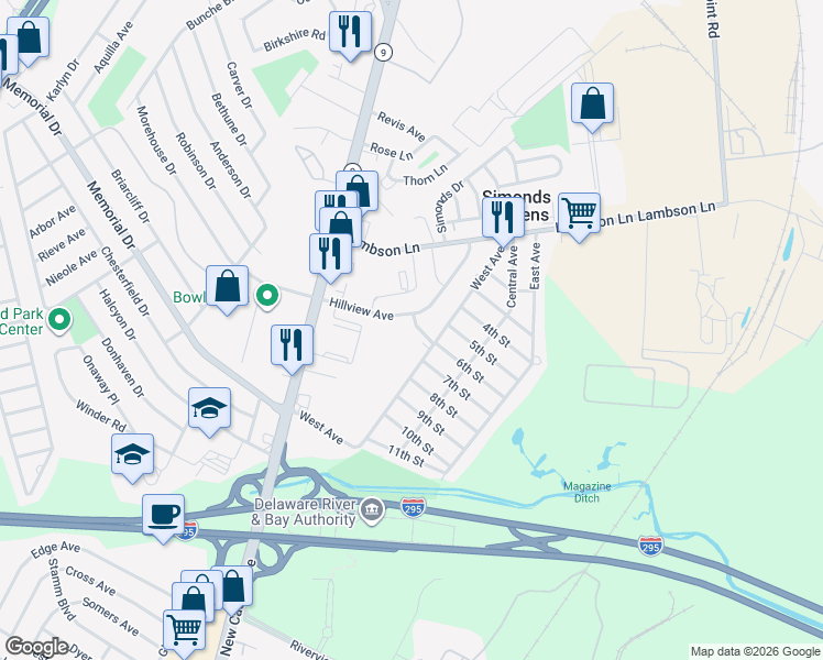 map of restaurants, bars, coffee shops, grocery stores, and more near 3 6th Street in New Castle
