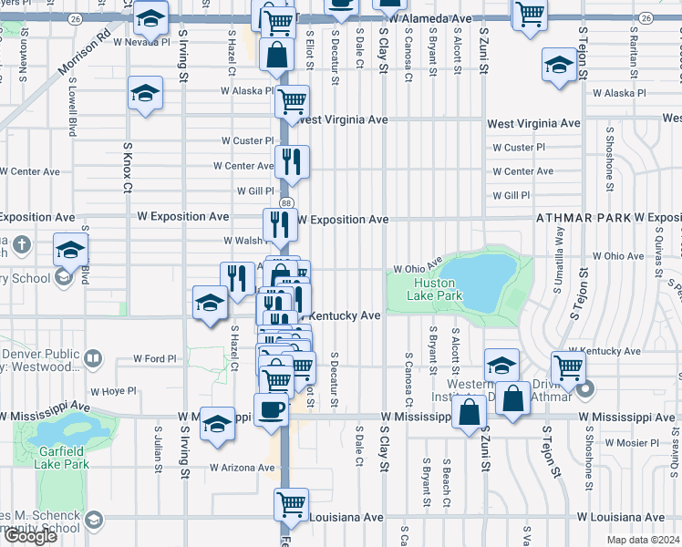 map of restaurants, bars, coffee shops, grocery stores, and more near 800 South Decatur Street in Denver