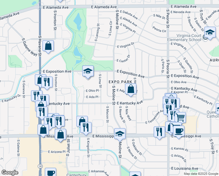 map of restaurants, bars, coffee shops, grocery stores, and more near 790 South Macon Way in Aurora