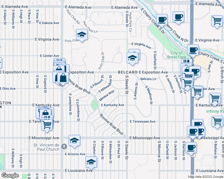 map of restaurants, bars, coffee shops, grocery stores, and more near 815 Medea Way in Denver