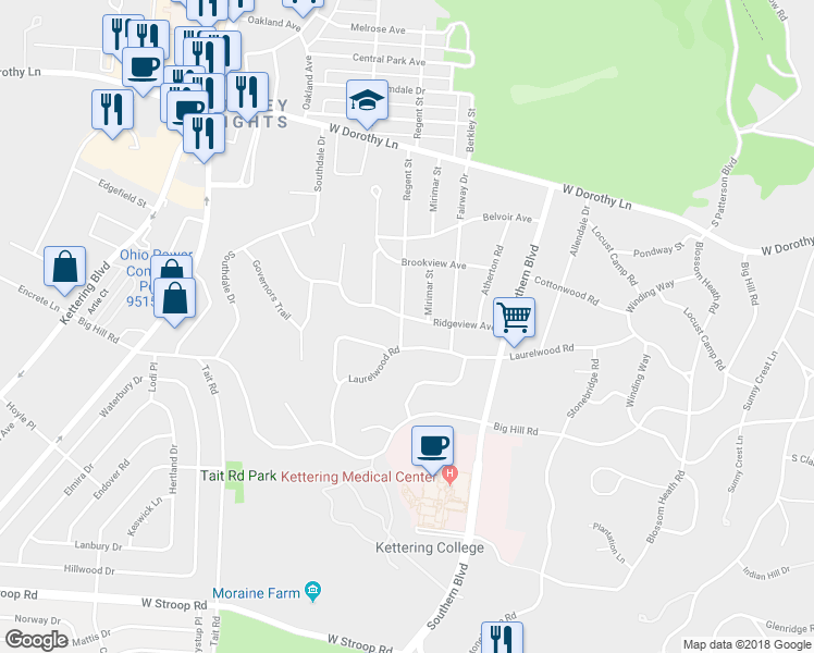 map of restaurants, bars, coffee shops, grocery stores, and more near 3300 Regent Street in Dayton