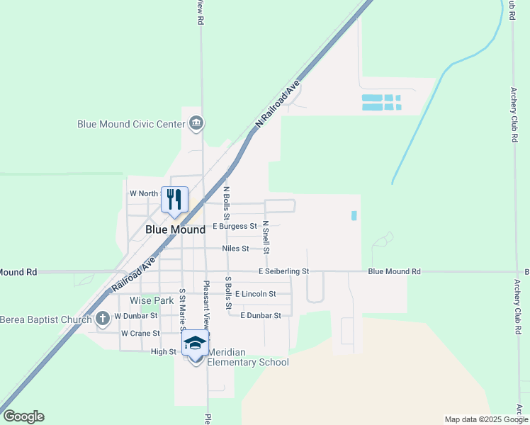 map of restaurants, bars, coffee shops, grocery stores, and more near 357 North Snell Street in Blue Mound