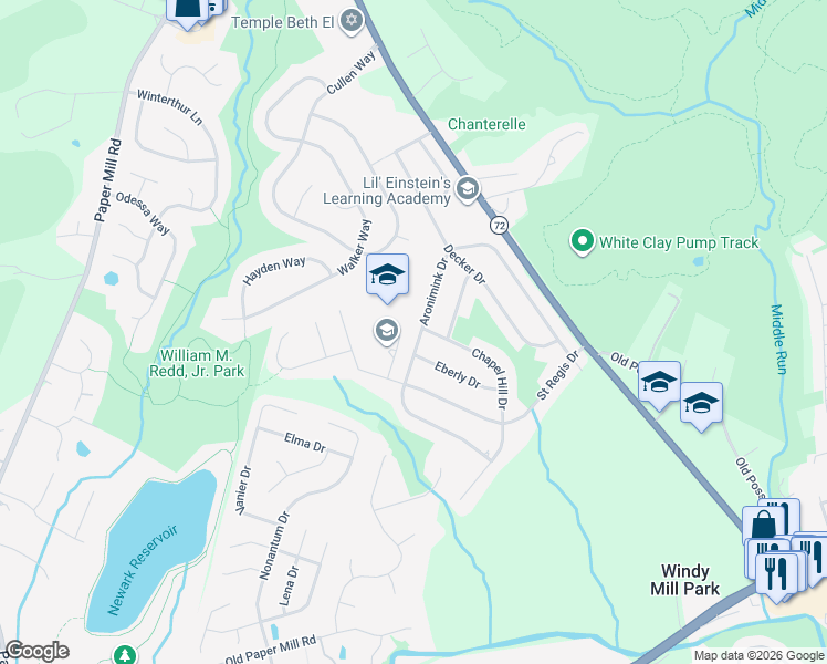 map of restaurants, bars, coffee shops, grocery stores, and more near 123 Aronimink Drive in Newark