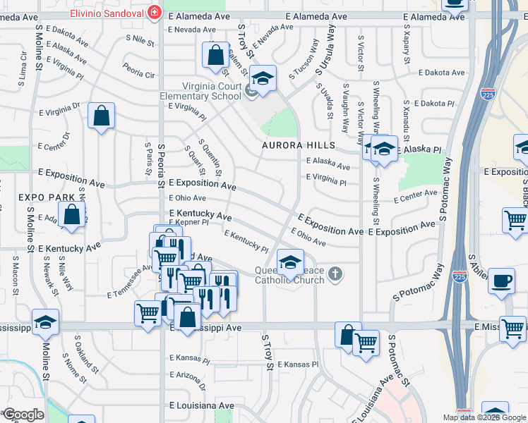 map of restaurants, bars, coffee shops, grocery stores, and more near 12643 East Ohio Avenue in Aurora