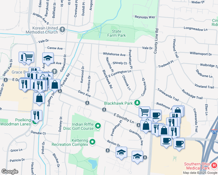 map of restaurants, bars, coffee shops, grocery stores, and more near 2821 Blackhawk Road in Dayton