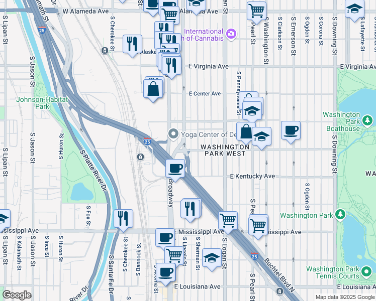 map of restaurants, bars, coffee shops, grocery stores, and more near 26 East Ohio Avenue in Denver