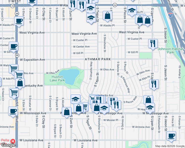map of restaurants, bars, coffee shops, grocery stores, and more near 816 South Umatilla Way in Denver